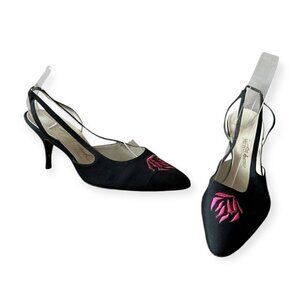 Roger Vivier for Saks Embroidered Slingback Pumps Black Pink 7.5B Vintage